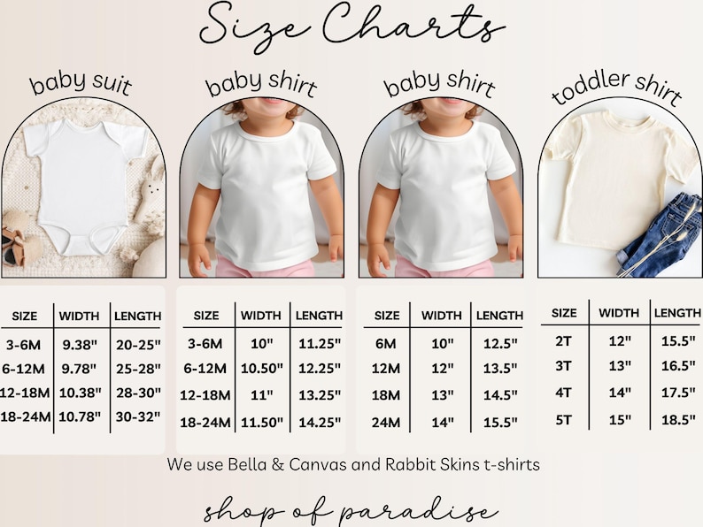 Pu&ograve; includere: Tabella delle taglie per magliette e body per neonati e bambini piccoli. La tabella mostra la taglia, la larghezza e la lunghezza di ogni capo in pollici. La tabella &egrave; etichettata "baby suit", "baby shirt" e "toddler shirt".