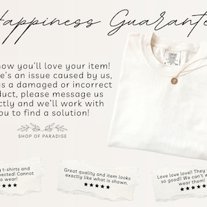 May include: A folded white t-shirt with a Comfort Colors tag and a gold necklace with a pendant. The image includes text that reads "Happiness Guarantee" and customer reviews. The shop name is "SHOP OF PARADISE".