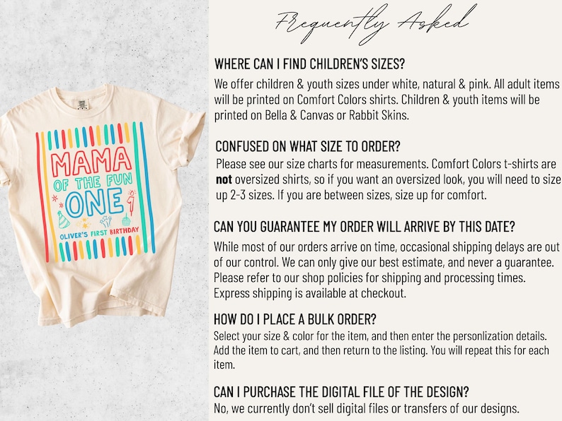 May include: Cream-colored t-shirt with a colorful graphic that reads "MAMA OF THE FUN ONE" with "OLIVER'S FIRST BIRTHDAY" below. The design features vertical stripes in red, blue, green, and yellow.