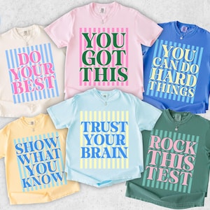 May include: A collection of short-sleeved t-shirts in various colors, each featuring a motivational phrase in a bold, colorful design. The phrases include "Do Your Best," "You Got This," and "You Can Do Hard Things."