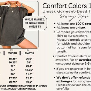 May include: A charcoal grey short-sleeve t-shirt with a crew neckline. The image includes a sizing chart with width and length measurements in inches for sizes S through 4XL, alongside text detailing 100% cotton material and sizing tips.