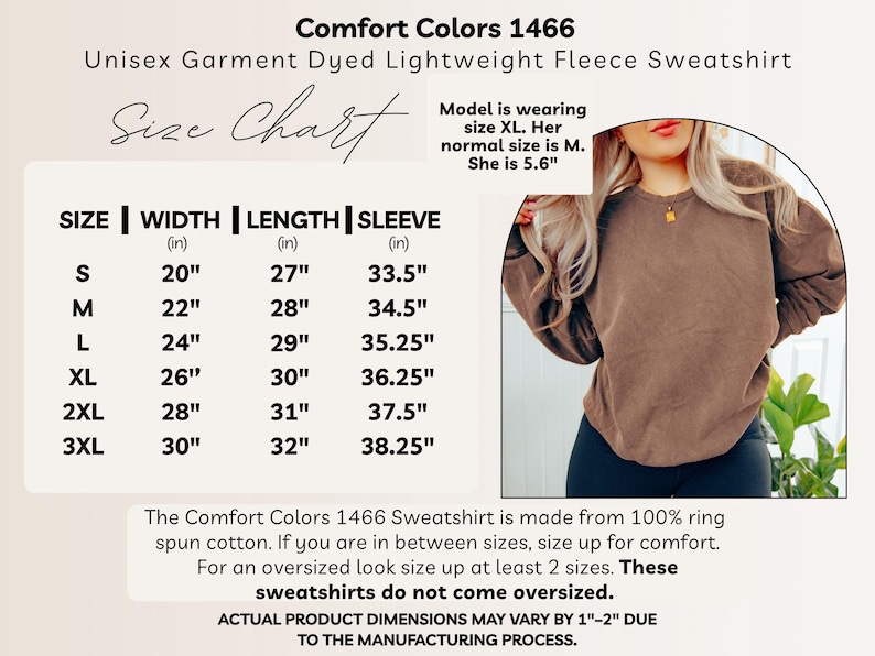 Puede incluir: Una sudadera unisex Comfort Colors 1466 marr&oacute;n de forro polar ligero te&ntilde;ido con hilo. La imagen incluye una tabla de tallas con medidas en pulgadas para las tallas S a 3XL. La modelo lleva la talla XL y mide 1,7 m.