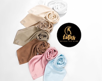 Embroidered Lotus Mulberry Silk Hijab, Lightweight Breathable Scarf, Handmade Elegance