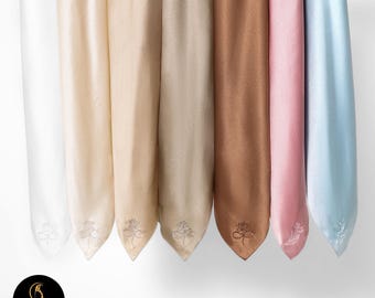 Mulberry Silk Hijab – Embroidered Lotus Collection, Square or Rectangle Modest Hijab