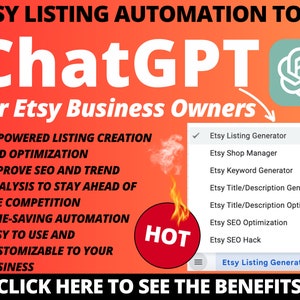 以下が含まれることがあります： 「Etsy Listing Automation Tool」と「ChatGPT for Etsy Business Owners」というテキストが書かれた赤と白のグラフィック。グラフィックには、「AI 駆動のリスト作成と最適化」、「競合他社に先んじて SEO とトレンド分析を改善」、「時間節約の自動化」、「使いやすく、ビジネスに合わせてカスタマイズ可能」、「ホット」などの機能リストも含まれています。