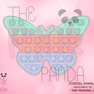May include: A digital download of a butterfly-shaped pop-it fidget toy design. The design is in a rainbow color scheme with blue, green, pink, and orange. The design is for personal use only.