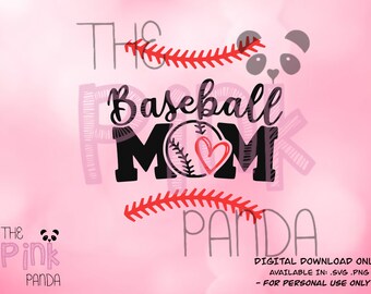 Könnte beinhalten: Ein digitaler Download-Design mit einem Baseball mit einem Herzen in der Mitte und dem Text "Baseball Mom" mit einer Panda-Grafik und dem Text "The Pink Panda" unten.