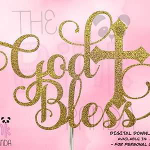 May include: Gold glitter vinyl cut out of the words "God Bless" with a cross in the middle. The words are in a cursive font. The background is pink.