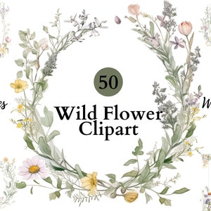 50 Wild Flower Watercolor Clipart | Botanical Wild Flowers Clipart | Watercolor Rustic Clipart | Elegant Bloom | Flowers Arrangements