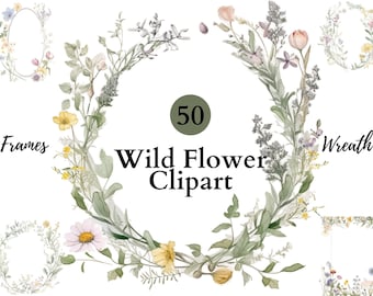 50 Wild Flower Watercolor Clipart | Botanical Wild Flowers Clipart | Watercolor Rustic Clipart | Elegant Bloom | Flowers Arrangements