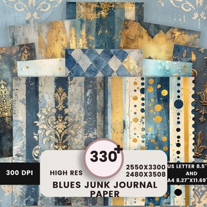 Blue Junk Journal Paper, Digital paper, Dots, Stripes, Fleur de lis, Rococo, Damask Pattern, Distressed Texture, Checkered, Journal Pages