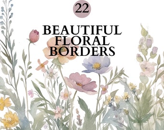 May include: Watercolor illustration of a floral border with the text "BEAUTIFUL FLORAL BORDERS" at the top. The image features a variety of flowers in shades of pink, yellow, and blue, with green foliage. The number "22" is in the top left corner.