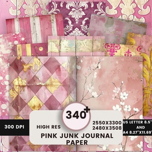 Papier pour carnet rose, Papier numérique, Points, Rayures, Fleur de lys, Rococo, Motif damassé, Texture vieillie, Damier, Pages de carnet