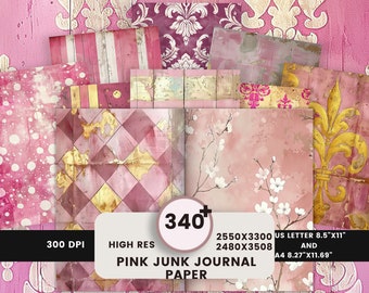 Pink Junk Journal Paper, Digital paper, Dots, Stripes, Fleur de lis, Rococo, Damask Pattern, Distressed Texture, Checkered, Journal Pages