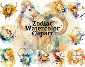 Sternzeichen Clipart | Sternzeichen Horoskop Aquarell | PNG | Wassermann, Widder, Krebs, Steinbock, Zwilling, Löwe, Waage, Fische, Skorpion