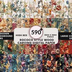 Gesneden hout digitaal papier, vintage digitaal papier, bloemenhoutsnijwerk, houtstructuren, vintage achtergrond, tuimelen wrap, naadloos hout gesneden