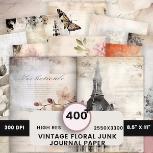 Páginas de diário floral vintage, kit de diário de lixo, páginas gastas para impressão, papel rosa vintage, folha de colagem, papel de álbum de recortes