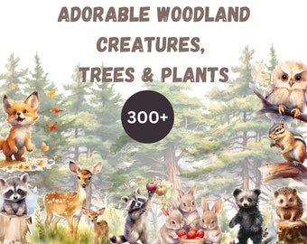 May include: A watercolor illustration of a woodland scene with over 300 adorable woodland creatures, trees, and plants. The illustration features a fox, deer, raccoon, owl, squirrel, bear, hedgehog, and rabbits.
