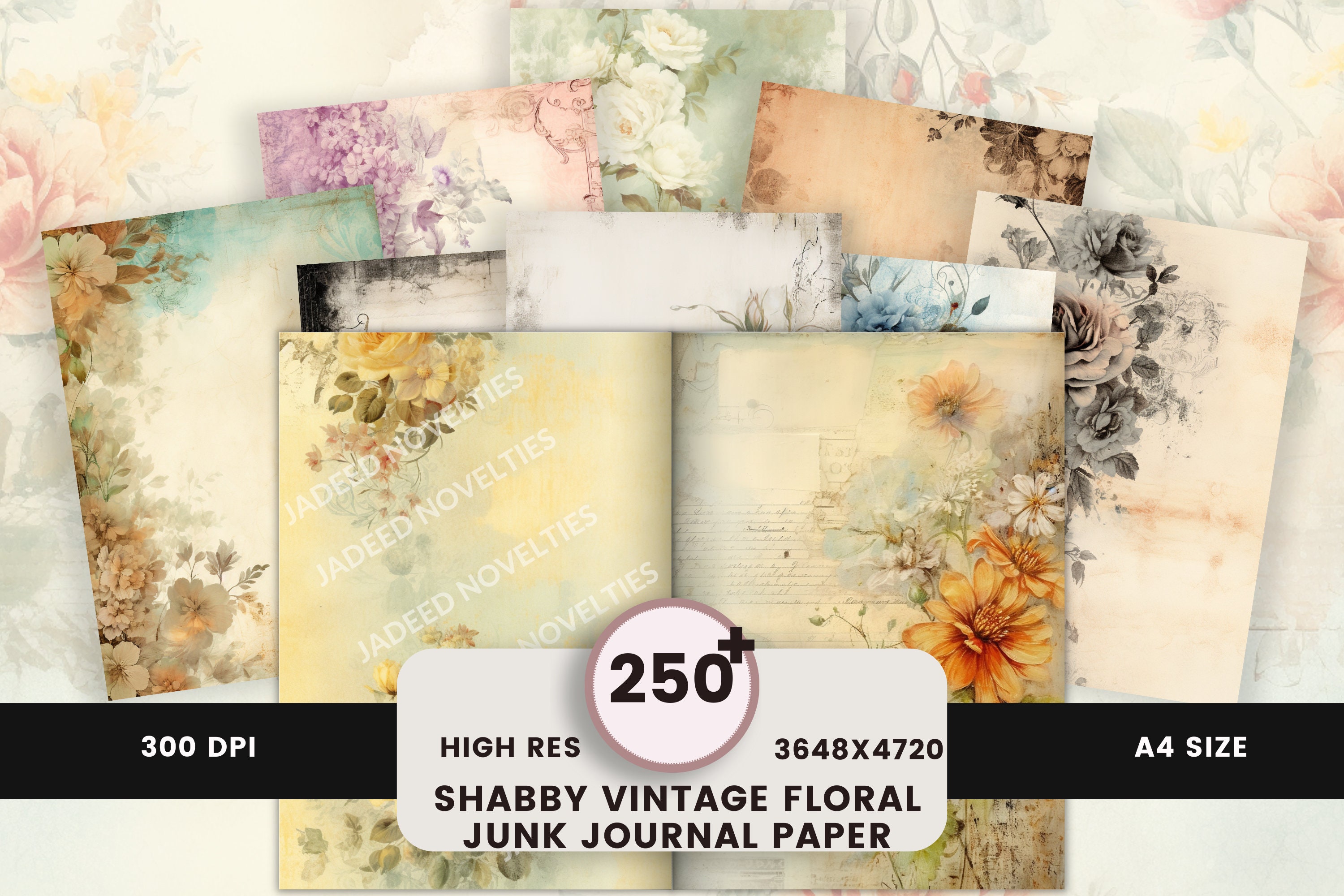 Vintage journal papers, digital printable junk journal, junk journal vintage paper, shabby junk journal, floral vintage papers, shabby chic