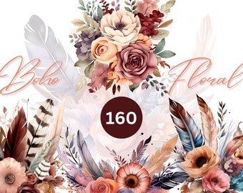 May include: A digital illustration of a boho floral design with feathers, flowers, and leaves in shades of pink, orange, brown, and blue. The text "Boho Floral 160" is in the centre of the image.