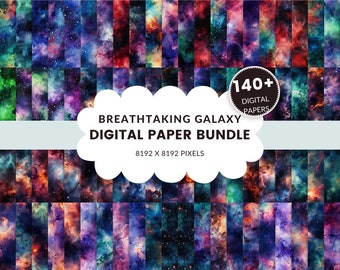 Könnte beinhalten: Ein digitales Papierpaket mit über 140 Designs zum Thema Galaxie. Die Papiere sind 8192 x 8192 Pixel groß und zeigen leuchtende Farben und wirbelnde Nebel.