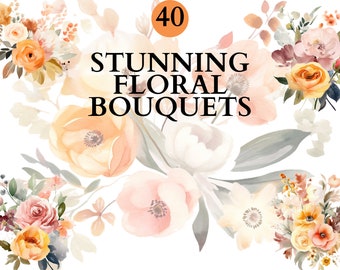 40 Watercolor Floral Bouquets | Floral Clipart PNG | Summer Floral Clipart | Spring Floral Clipart |  Wedding Clipart | Watercolor Clipart