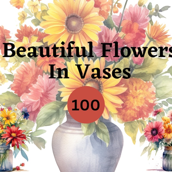 100 watercolor illustrations of flowers in vases | digital download | digital clipart | digital crafting|flower bouquet| wildflowers in vase