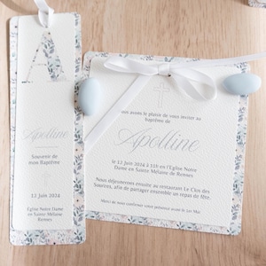 Faire-Part Fille fleuri élégant, pour baptême ou communion, avec un ruban de satin - APOLLINE