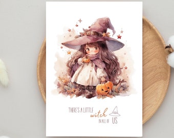 Carte Postale mignonne pour Halloween à offrir, Cartes postales petite sorcière pour décorer, Cadeau sorcière Halloween kawaii, print A6