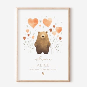 Affiche de naissance personnalisée avec prénom - Impression A4, A3 ou PDF - Décoration murale thème nature, ourson, nounours