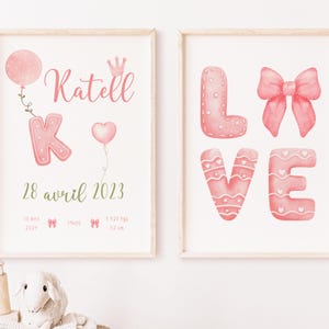 Deux affiches de naissance personnalisées - Impression A4 A3 PDF - Affiche prénom, intitiale, petit noeud ruban coquette et ballons