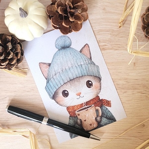 Carte Postale Hiver avec des chats à offrir, Cartes postales de saison pour décorer,Cadeau de Noël, amoureux des chats, print A6