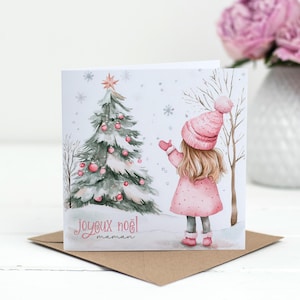 Carte de vœux personnalisée en papier – Illustration scène de Noël style aquarelle rose, cadeau pour la famille ou les amis