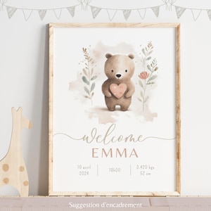 Cartel de nacimiento personalizado con nombre - Versión digital PDF - Decoración de pared temática naturaleza, oso, osito, tierno