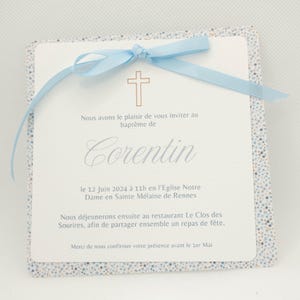 Faire-Part garçon fleuri élégant pour baptême ou communion - Décoration de Baptême, tons bleus, ruban de satin - APOLLINE