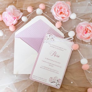 Faire-Part Fille fleuri élégant, pour baptême ou naissance à personnaliser - ROSE - Faire part ruban de satin et pivoines pour naissance