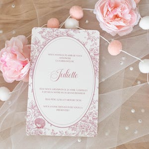 Little Hedgehog Toile de Jouy Birth Announcement - Girl Birth Announcement - Pink Birth Announcement