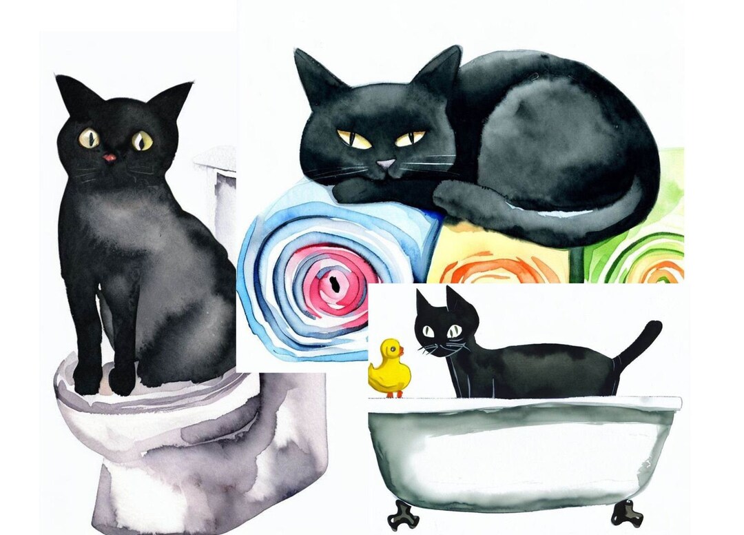 Black Cat Bathroom Wall Art Set of 3 Bathroom Wall Decor Set Etsy