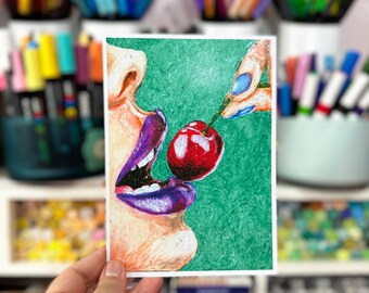 Cherry painting in oil pastels - 5x7 Art PRINT, Pop Art, Stationary, Satin Paper Finish