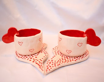 Handmade Ceramic Heart Love Espresso Cups, Turkish coffee set, 2 glasses 2 plates, Gift for her, with heart plates, Valentines Day gift 90ML