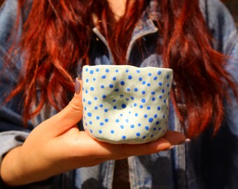 Handmade Ceramic Mug - Unique 200ml Cup with Blue Speckled and Polka Dot Texture, Handle-Free Minimalist Design