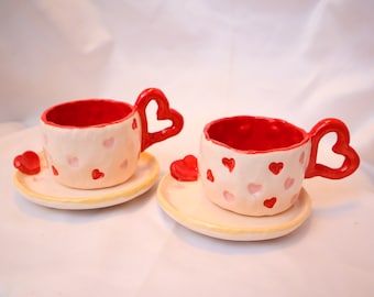 Valentine's Day Special - Handmade Ceramic Turkish Coffee Set with Heart-Shaped Handles and Prints - Set of 2