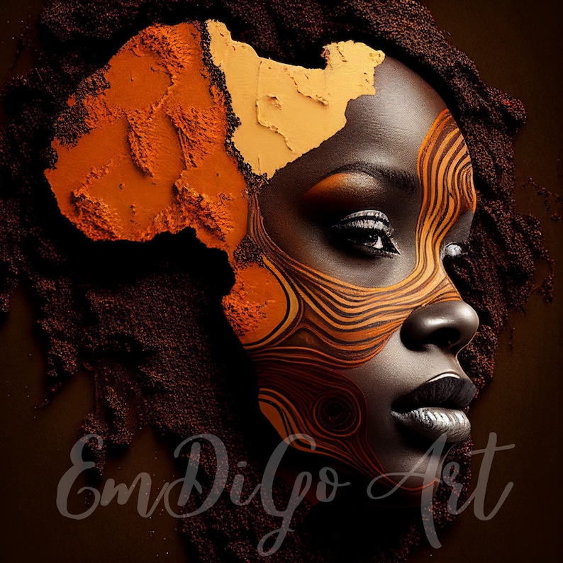 African woman's face is beautifully integrated into the African continent shape. The fusion of facial features with contours of Africa symbolize strength, rootedness, resilience, beauty within Africans and the continent.