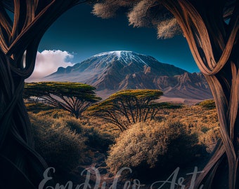 Mount Kilimanjaro print, Mountain wall decor, Hyperrealistic landscape artwork, Scenic nature print, Fine art photography, digital download