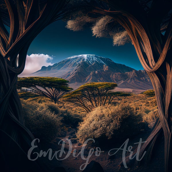 Mount Kilimanjaro print, Mountain wall decor, Hyperrealistic landscape artwork, Scenic nature print, Fine art photography, digital download