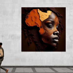 May include: A close-up of a woman's face with a stylized map of Africa painted on her cheek. The map is in shades of orange and brown, and the woman's skin is dark brown. The background is a dark brown color.