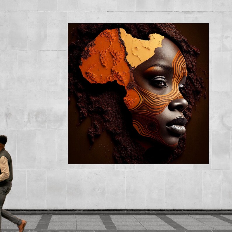 May include: A close-up of a woman's face with a stylized map of Africa painted on her cheek. The map is in shades of orange and brown, and the woman's skin is dark brown. The background is a dark brown color.