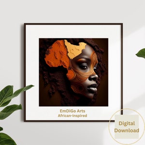 May include: A digital art print featuring a woman's face with an abstract design inspired by the continent of Africa. The design is in shades of orange, brown, and black. The text "EmDiGo Arts African-inspired" is at the bottom of the print.