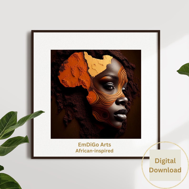 May include: A digital art print featuring a woman's face with an abstract design inspired by the continent of Africa. The design is in shades of orange, brown, and black. The text "EmDiGo Arts African-inspired" is at the bottom of the print.