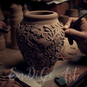 Clay pottery art print, Hand designed clay pot, Digital download pottery design, Hand sculpted ceramic art, Modern home decor, JPG file